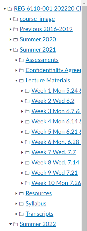 Photo of file structure in Canvas. In the course, there are folders for each semester the course is run (eg Summer 2022). Subfolders include Assignments, Lecture Materials, Resources, and Syllabus. The Lecture Materials folder is subdivided by week (eg, Week 1, Week 2, Week 3).