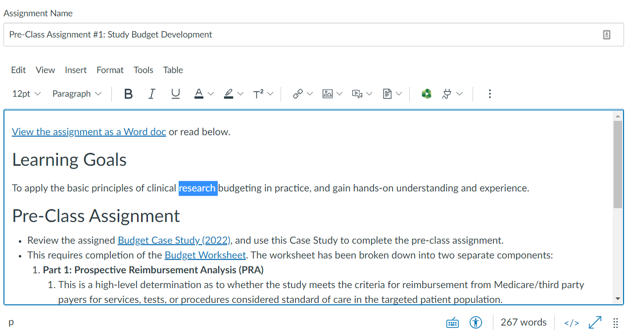 Screenshot of the rich text editor in Canvas, where you can type and edit text related to assignments, course content, etc. rather than uploading documents..